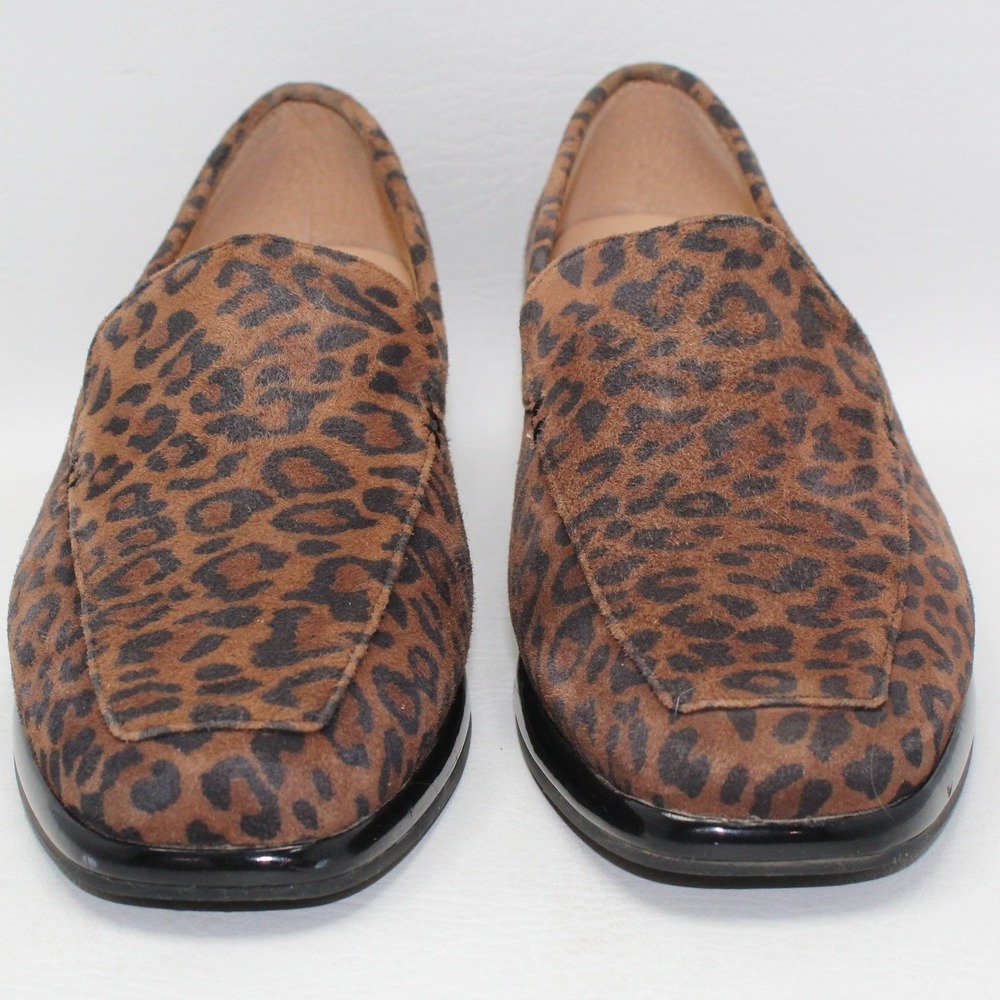 Alex Marie Womens Leopard Print Leather Square Toe Wedge Loafers Brown Size 7M